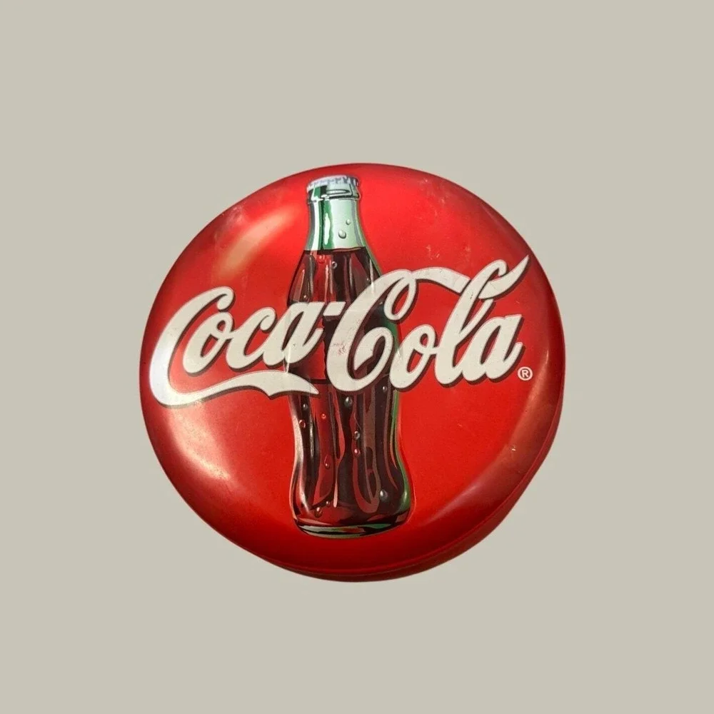 Coca Cola Embossed Red Metal Storage Tin‎ Round Button Lid 2001 Vintage Trinket